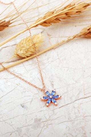 Mavi Taşlı Lotus Çiçeği Rose Gümüş Kolye 8094