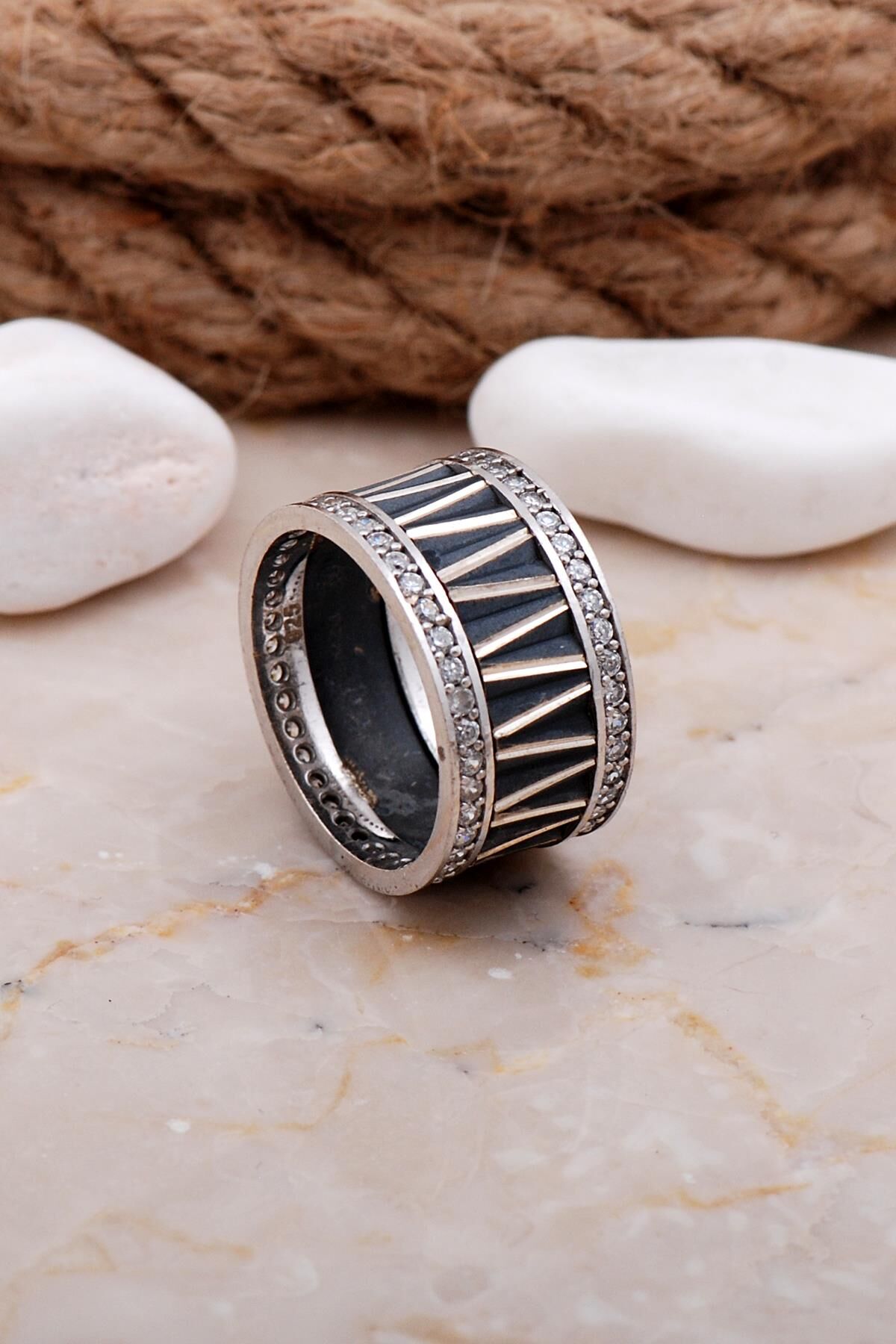 Tasarım Elişi Taşlı Gümüş Kadın Alyans 13