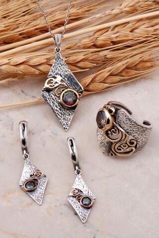 Mistik Topaz Taşlı Çekiç Dövme Elişi Gümüş Set 2457