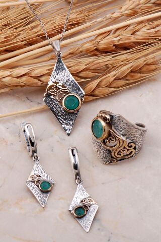 Kalsedon Taşlı Çekiç Dövme Elişi Gümüş Set 2458