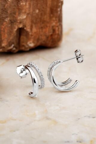 Minimal Rodyumlu Gümüş Çift Halka Küpe 6979