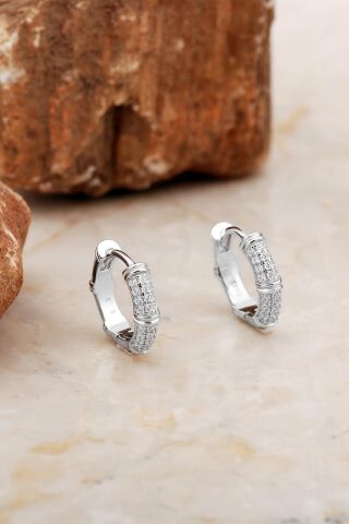 15 Mm Taşlı Tasarım Rodyumlu Gümüş Halka Küpe 6980