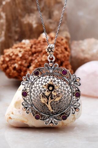 Telkari İşlemeli Kök Yakut Taşlı Tasarım Gümüş Kolye 3901