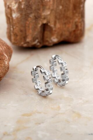 16 Mm Tasarım Rodyumlu Basamak Gümüş Halka Küpe 6981