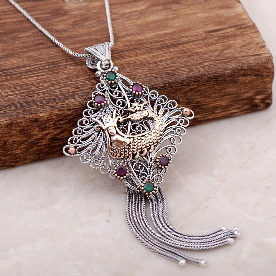 Telkari İşlemeli Şahmeran Tasarımlı Gümüş Kolye 3905