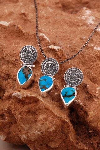 Turkuaz Taşlı Elişi Tasarım Gümüş Set 2205