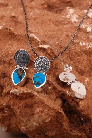 Turkuaz Taşlı Elişi Tasarım Gümüş Set 2205