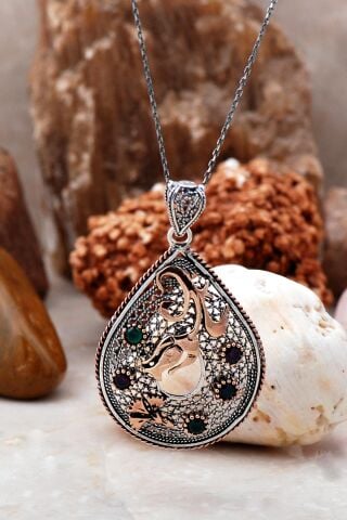 Telkari İşlemeli Laleli Tasarım Gümüş Kolye 3907