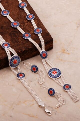 Mardin Güneşi Mineli Hasır Elişi Tasarım 925 Ayar Gümüş Set 2674