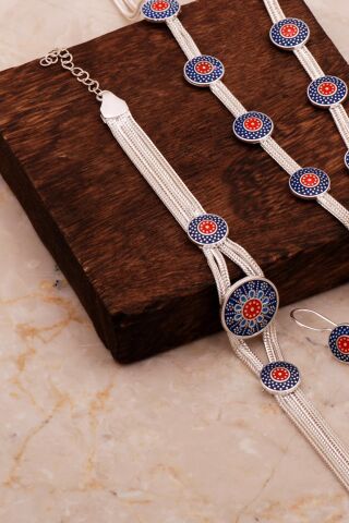 Mardin Güneşi Mineli Hasır Elişi Tasarım 925 Ayar Gümüş Set 2674