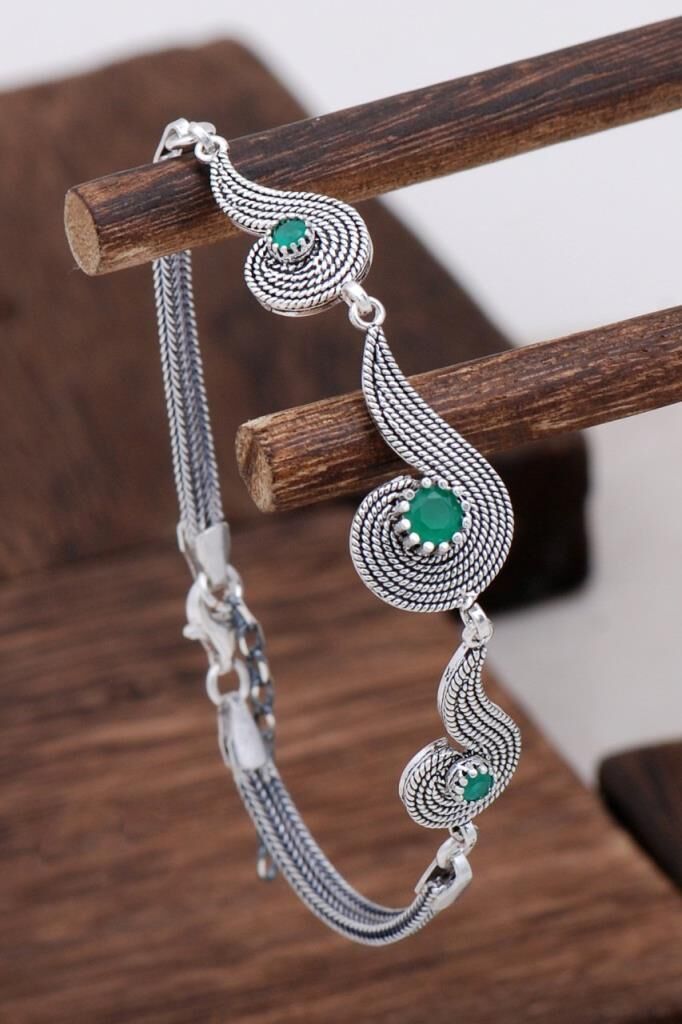 Kök Zümrüt Taşlı Tasarım Telkari Gümüş Bileklik 3125