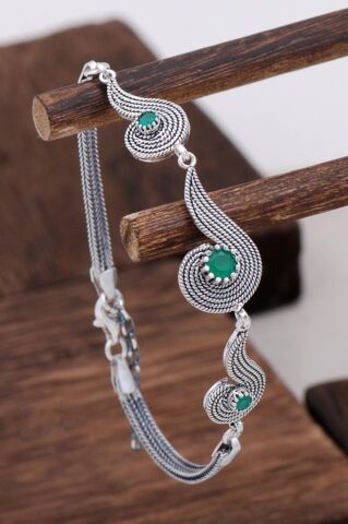 Kök Zümrüt Taşlı Tasarım Telkari Gümüş Bileklik 3125