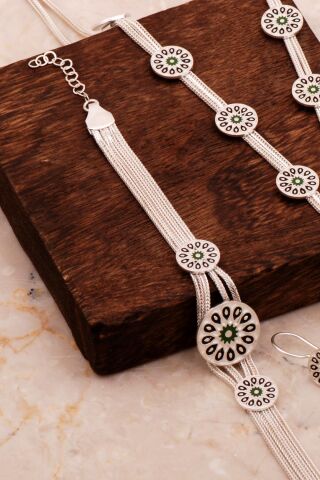 Anadolu Motifli Mineli Hasır Elişi Tasarım Gümüş Set 2675