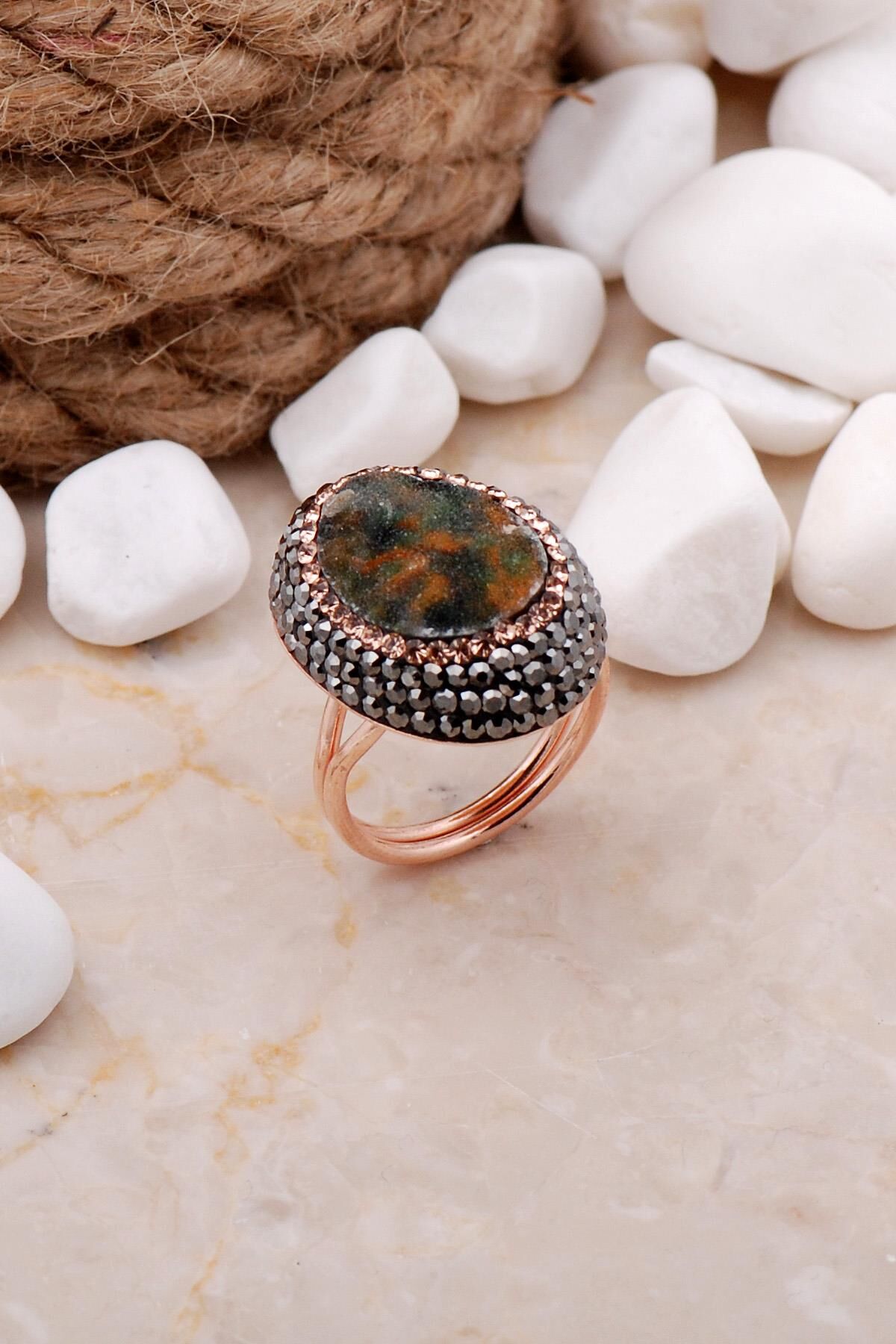 Doğal Krizopraz Taşlı Oval Rose Gümüş Yüzük 3283