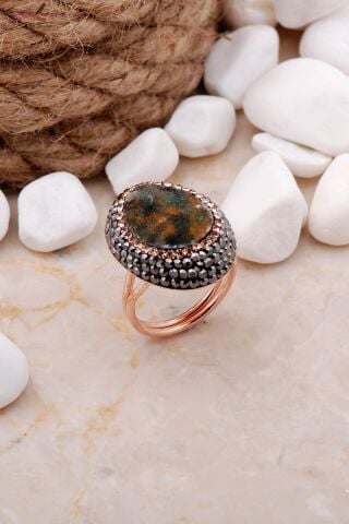 Doğal Krizopraz Taşlı Oval Rose Gümüş Yüzük 3283