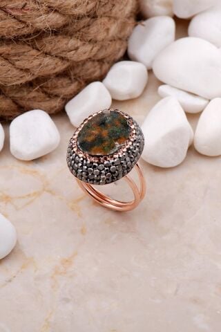 Doğal Krizopraz Taşlı Oval Rose Gümüş Yüzük 3283