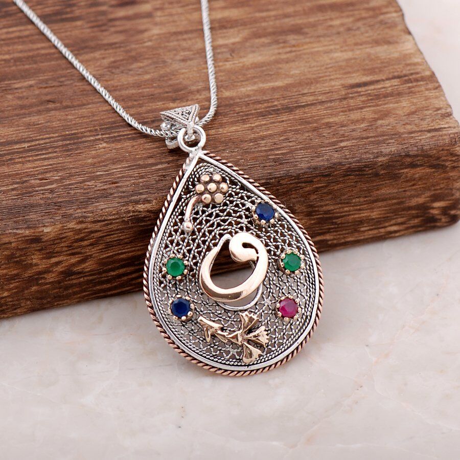 Telkari İşlemeli Vav Harfli Tasarım Gümüş Kolye 3911