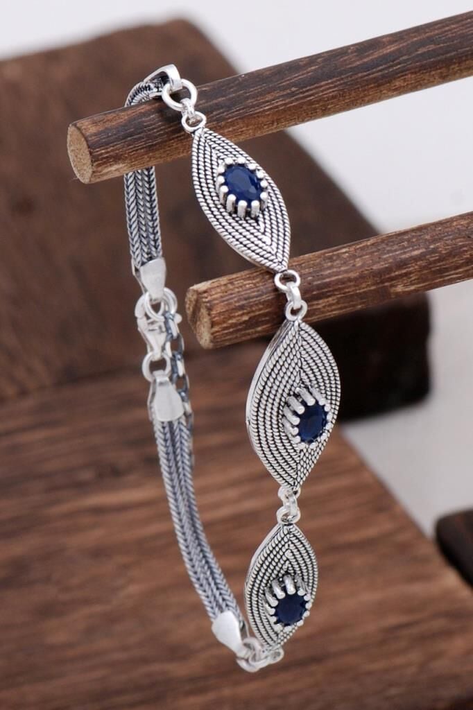 Safir Taşlı Tasarım Telkari Gümüş Bileklik 3127