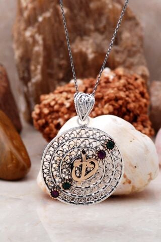 Telkari İşlemeli Elif Vav Harfli Tasarım Gümüş Kolye 3912