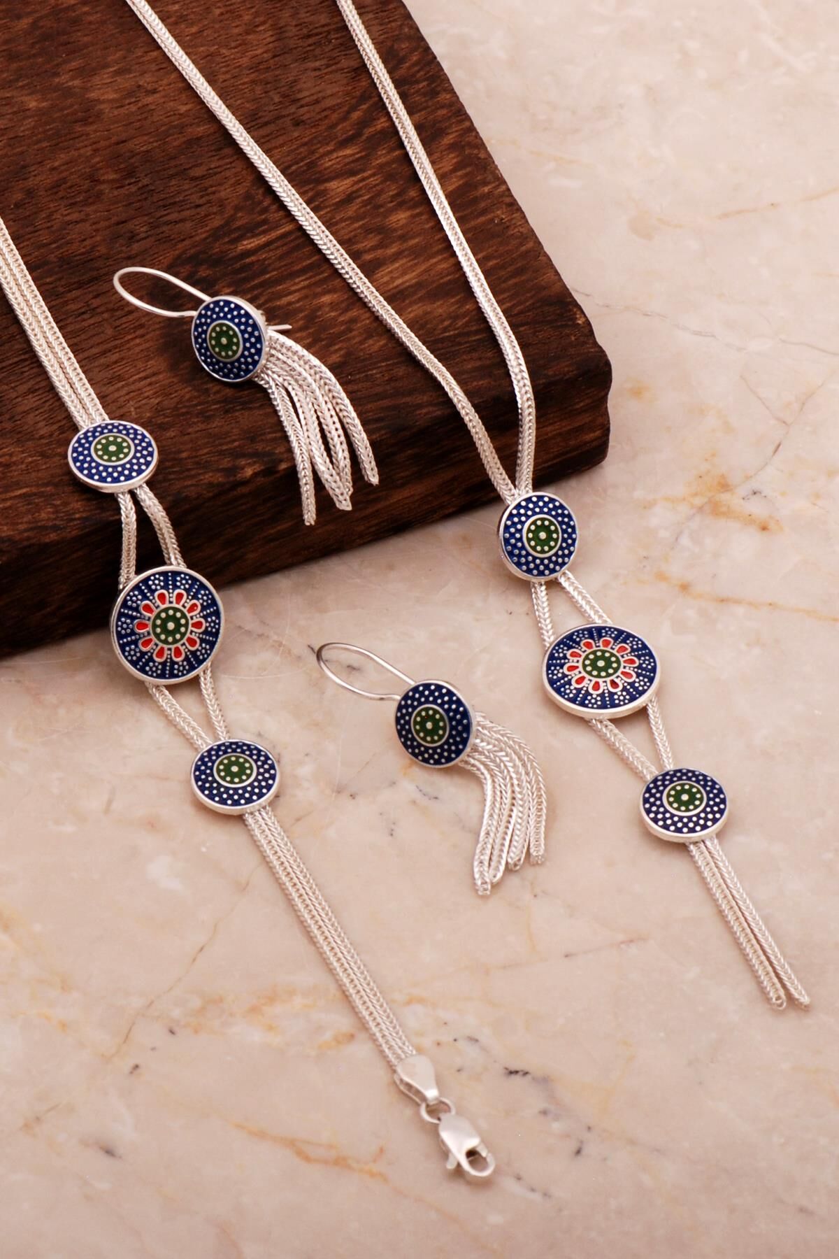 Anadolu Motifli Mineli Hasır Elişi Tasarım Gümüş Set 2677