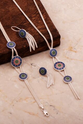 Mardin Güneşi Mineli Hasır Elişi Tasarım 925 Ayar Gümüş Set 2677