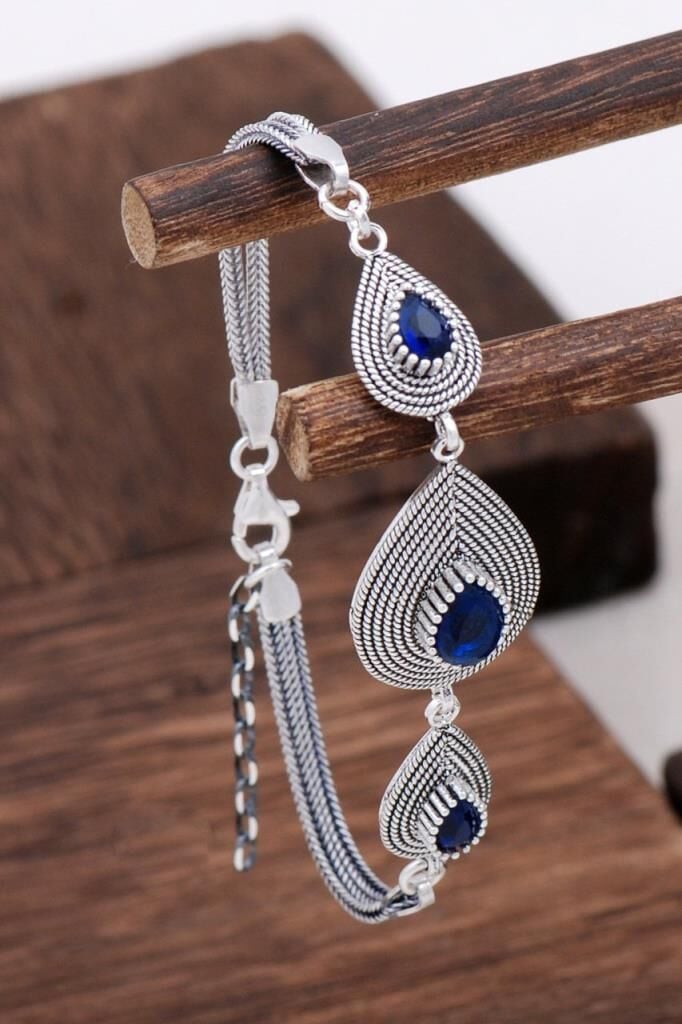 Safir Taşlı Tasarım Telkari Gümüş Bileklik 3128