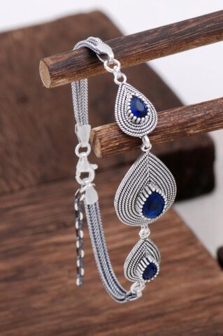 Safir Taşlı Tasarım Telkari Gümüş Bileklik 3128