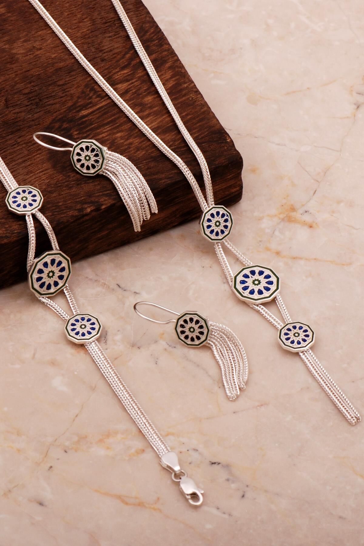 Anadolu Motifli Mineli Hasır Elişi Tasarım Gümüş Set 2678