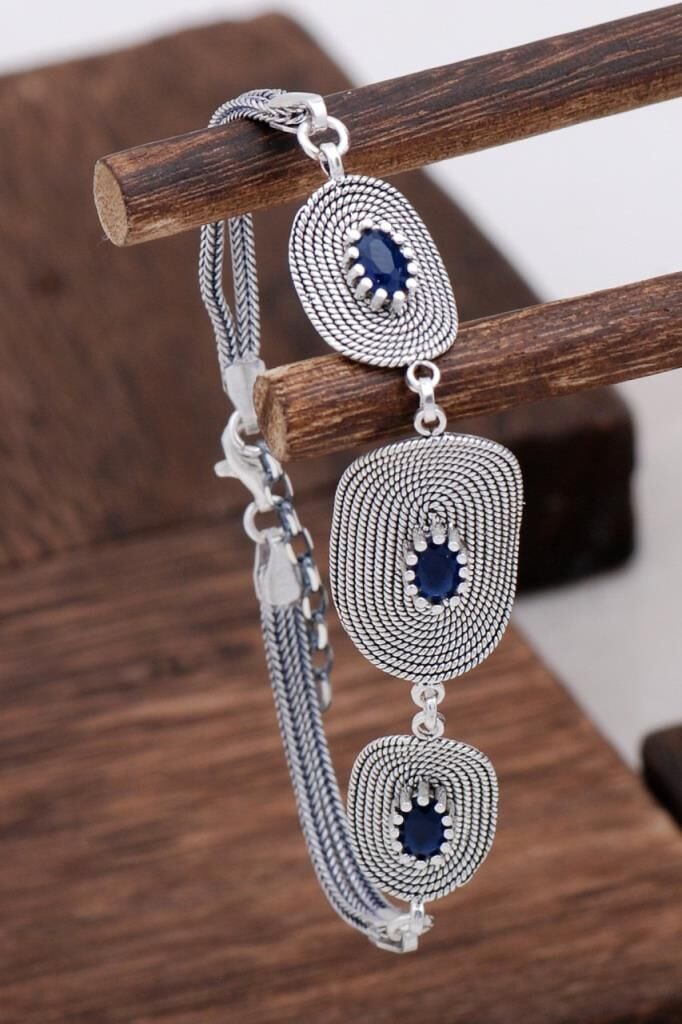 Safir Taşlı Tasarım Telkari Gümüş Bileklik 3129