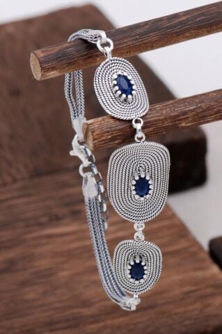 Safir Taşlı Tasarım Telkari Gümüş Bileklik 3129