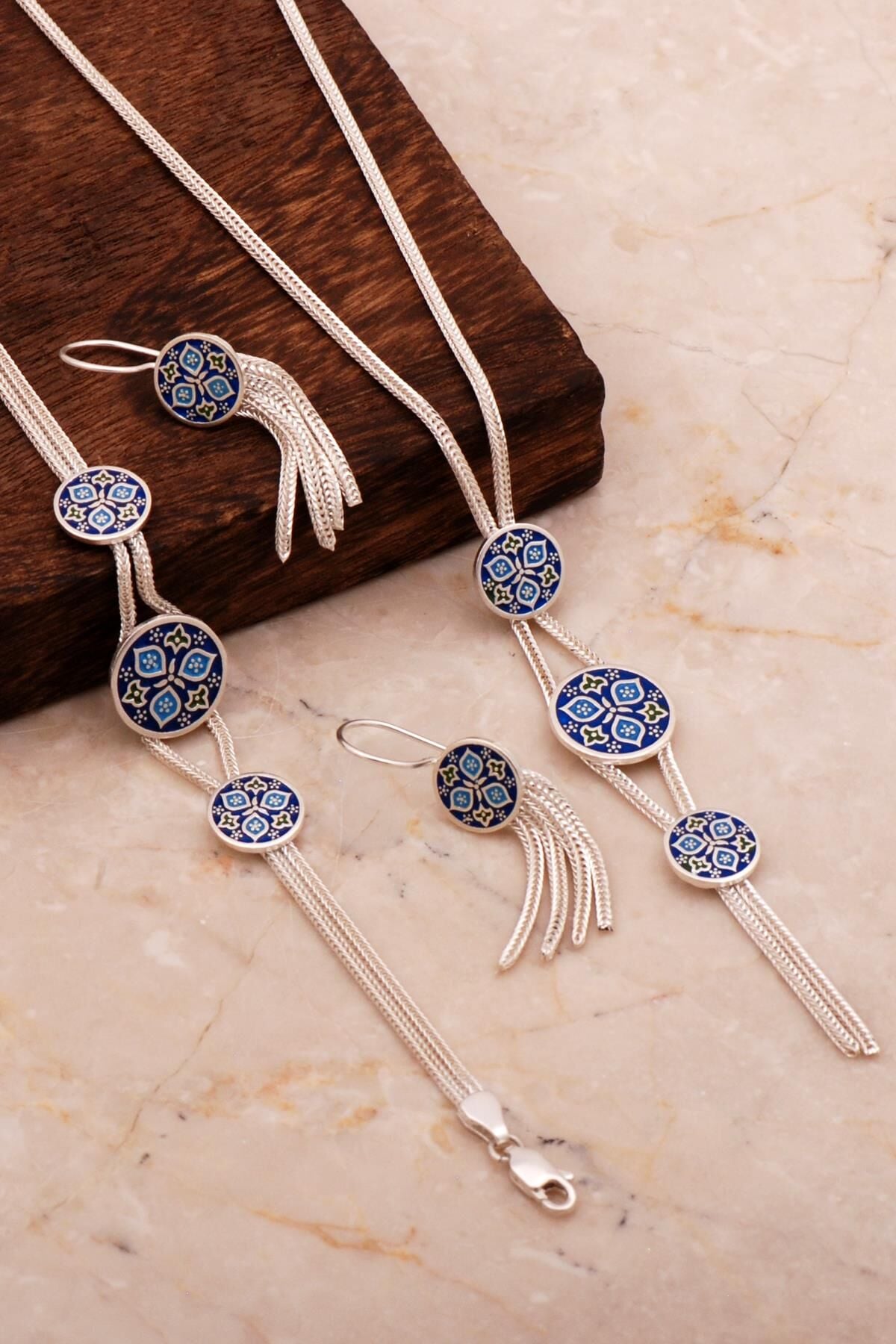 Anadolu Motifli Mineli Hasır Elişi Tasarım Gümüş Set 2679