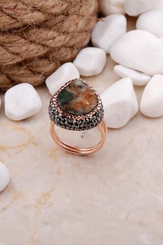 Doğal Krizopraz Taşlı Damla Rose Gümüş Yüzük 3287