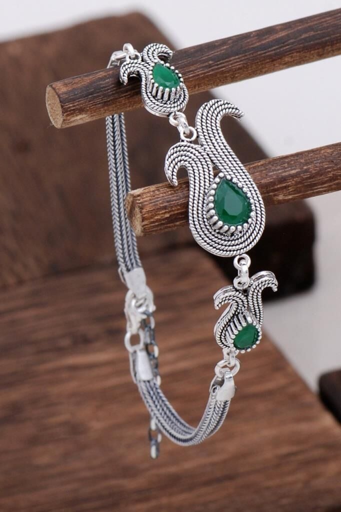 Kök Zümrüt Taşlı Tasarım Telkari Gümüş Bileklik 3131