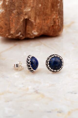 Lapis Taşlı Mini Elişi Yuvarlak Vidalı Gümüş Küpe 6994