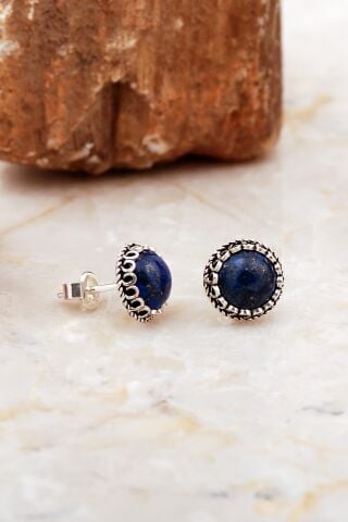 Lapis Taşlı Mini Elişi Yuvarlak Vidalı Gümüş Küpe 6994