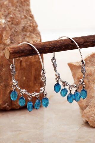 Akuamarin Taşlı Tasarım Sallantılı Gümüş Küpe 6995