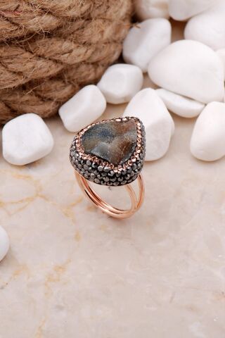 Doğal Krizopraz Taşlı Damla Rose Gümüş Yüzük 3289