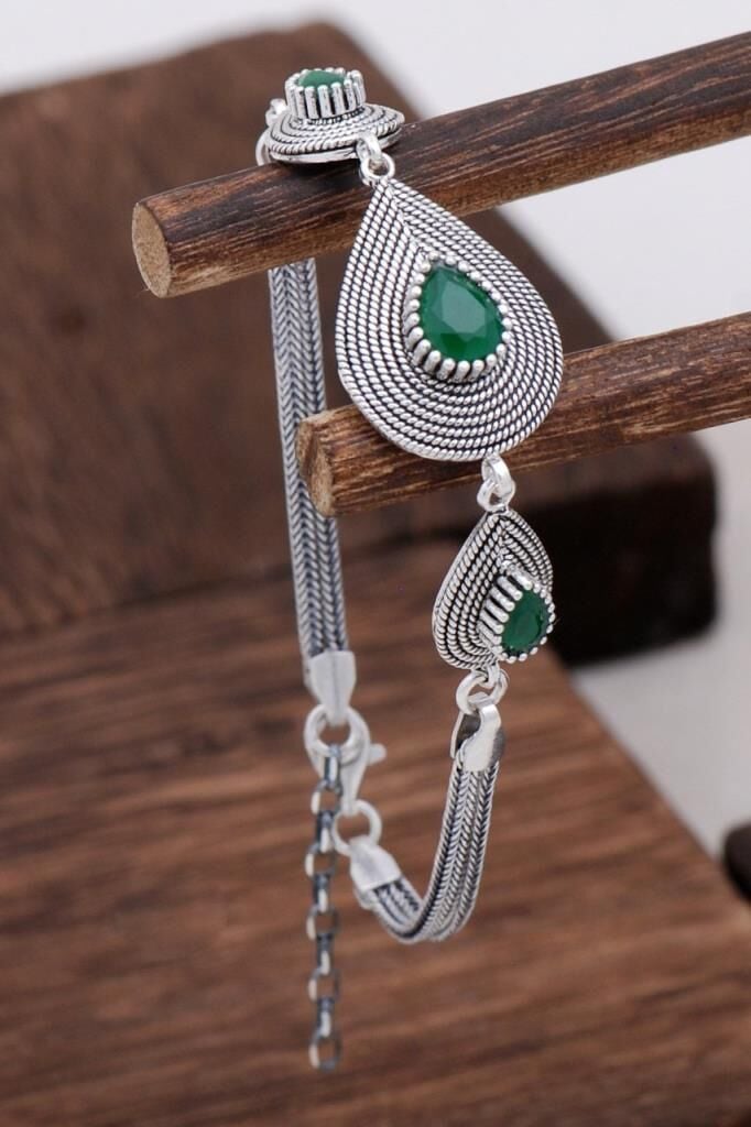 Kök Zümrüt Taşlı Tasarım Telkari Gümüş Bileklik 3132