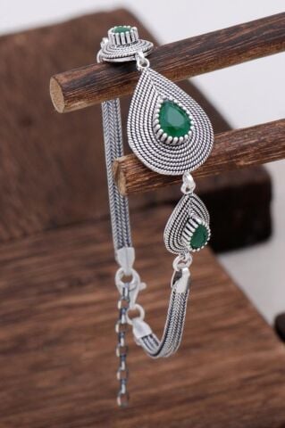 Kök Zümrüt Taşlı Tasarım Telkari Gümüş Bileklik 3132