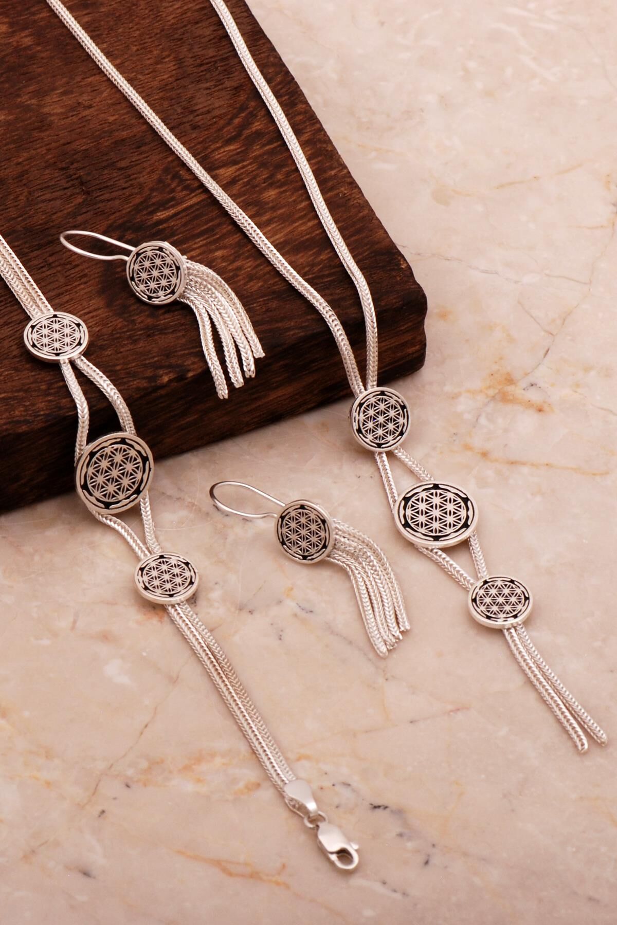 Yaşam Çiçeği Hasır Elişi Tasarım Gümüş Set 2681