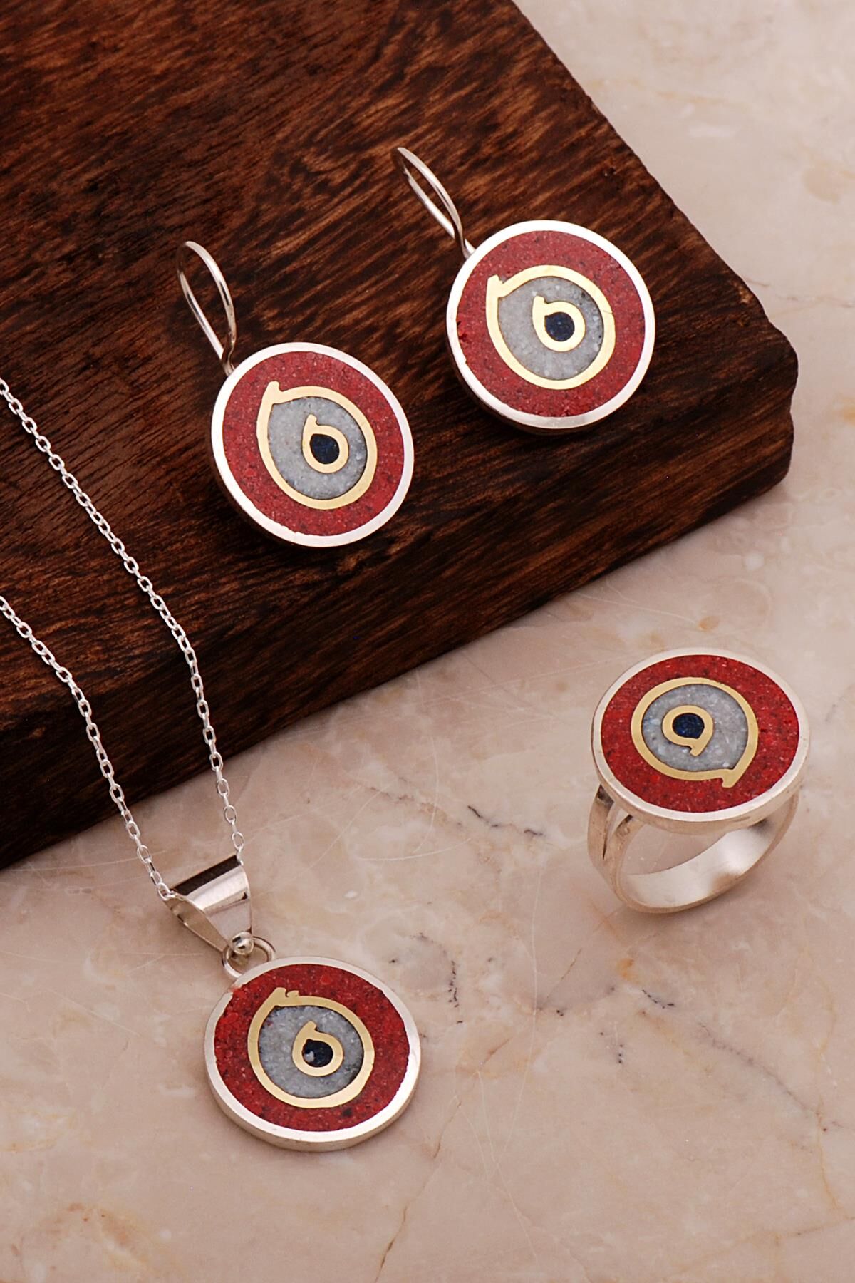 Antik Mozaik İşlemeli Renkli Gümüş Set 2682