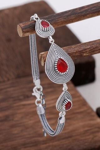 Kök Yakut Taşlı Tasarım Telkari Gümüş Bileklik 3133