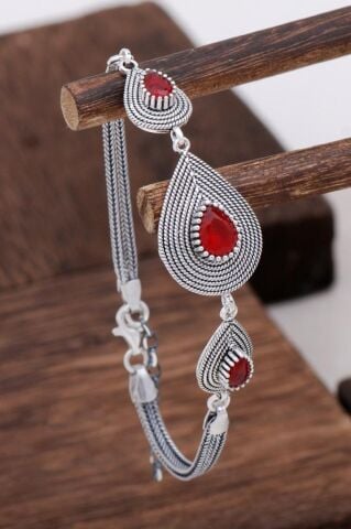 Kök Yakut Taşlı Tasarım Telkari Gümüş Bileklik 3133