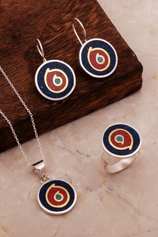 Antik Mozaik İşlemeli Renkli Gümüş Set 2683