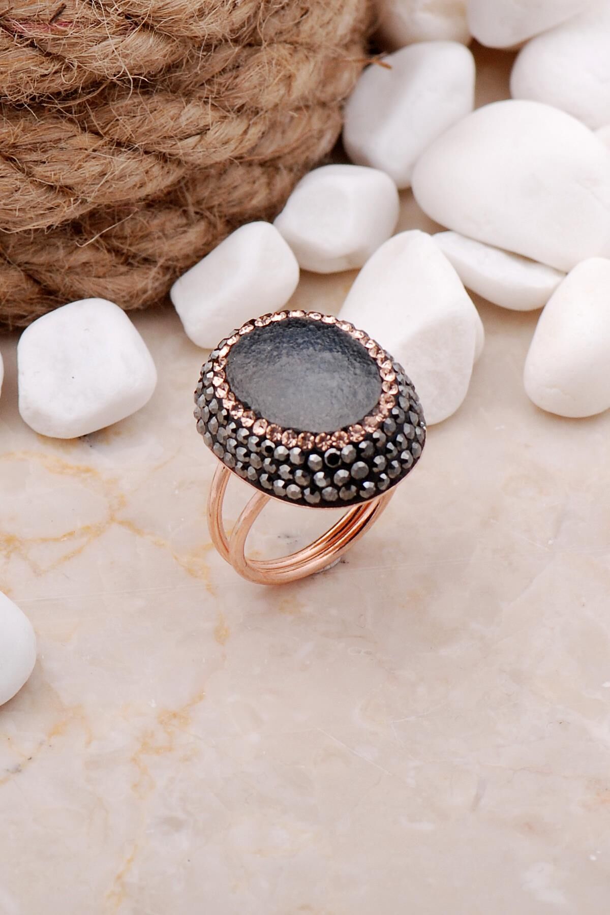 Doğal Kalsedon Taşlı Oval Rose Gümüş Yüzük 3292