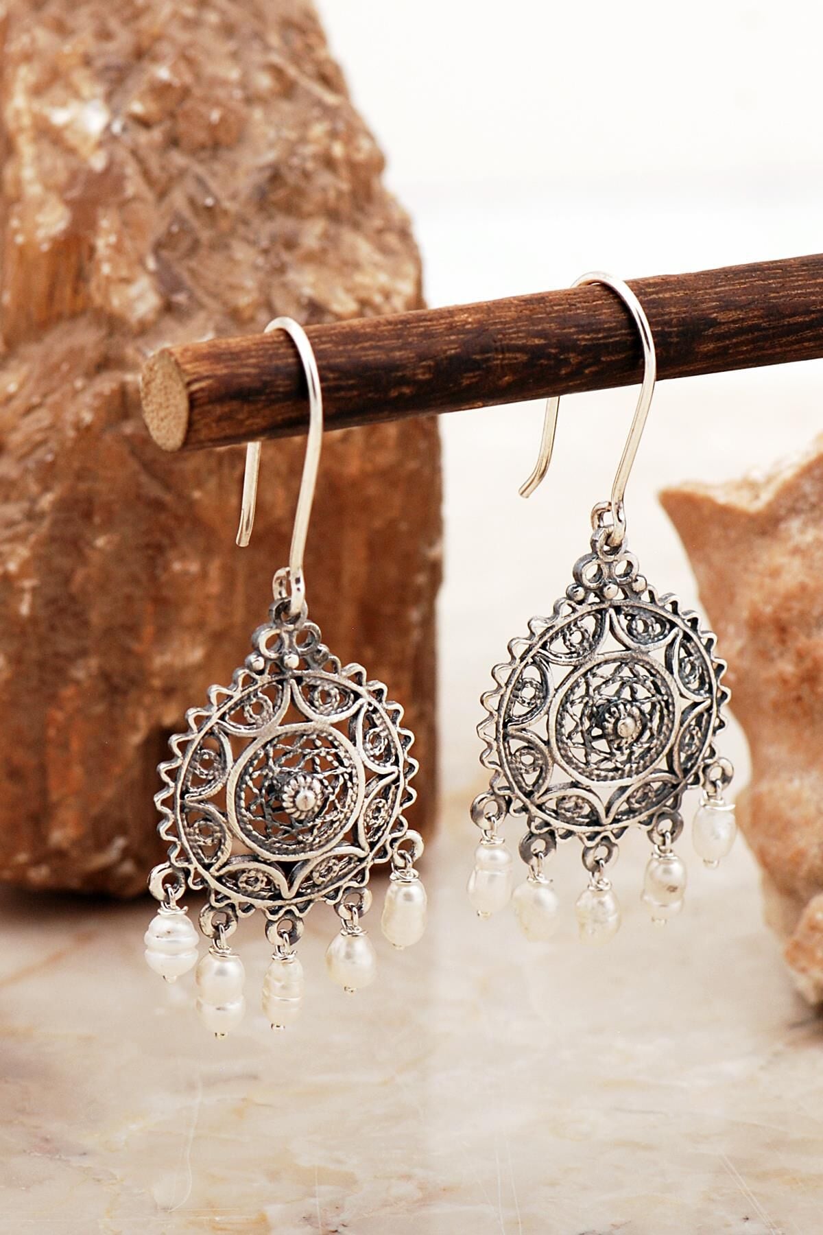 Telkari İşlemeli Tasarım İncili Gümüş Küpe 6997