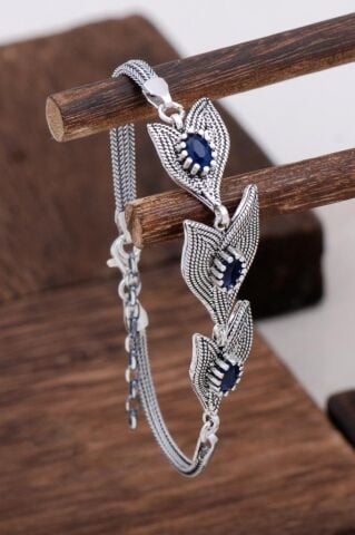 Safir Taşlı Tasarım Telkari Gümüş Bileklik 3135