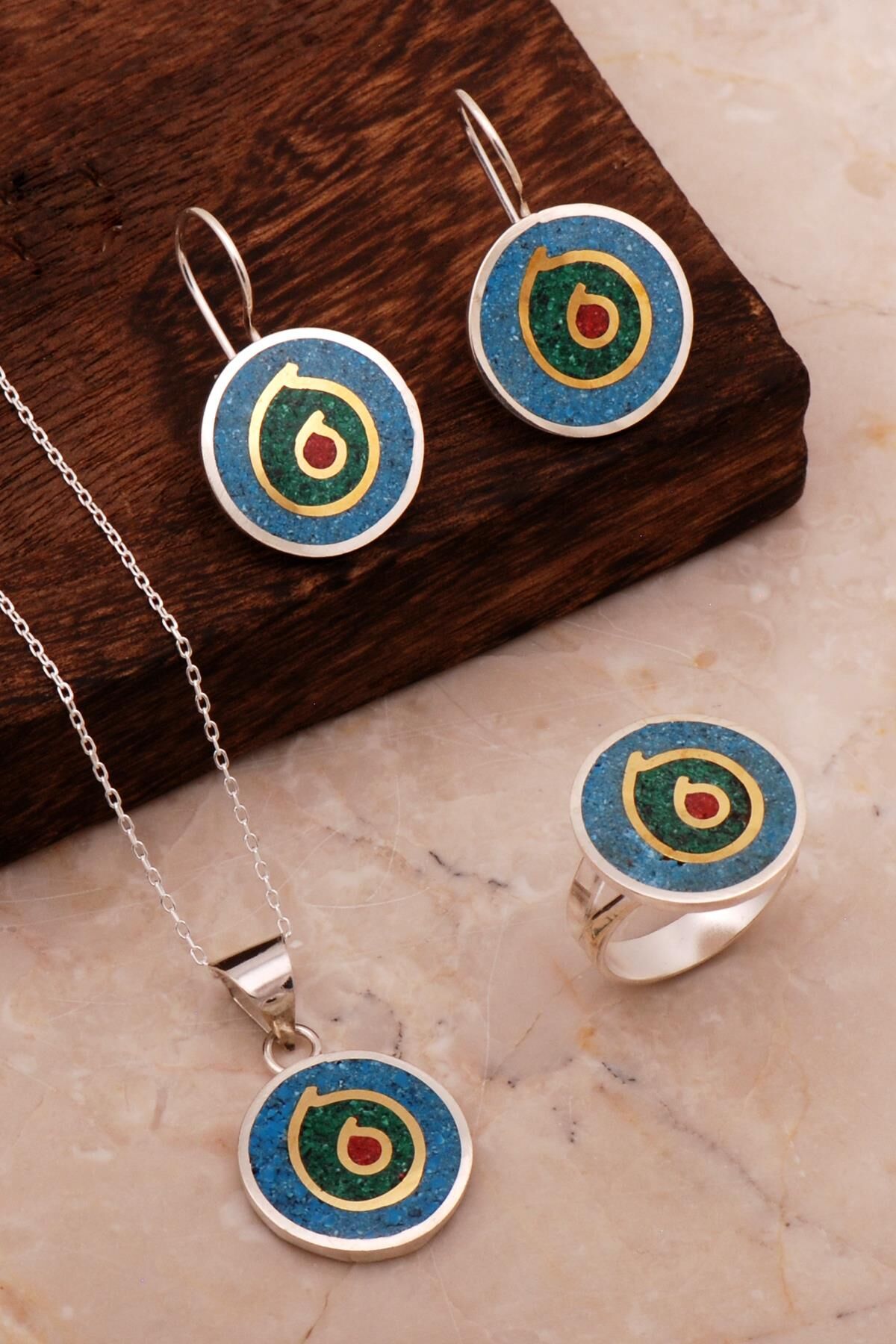 Antik Mozaik İşlemeli Renkli Gümüş Set 2685