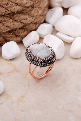 Doğal Kalsedon Taşlı Oval Rose Gümüş Yüzük 3294