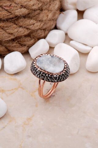 Doğal Kalsedon Taşlı Oval Rose Gümüş Yüzük 3294